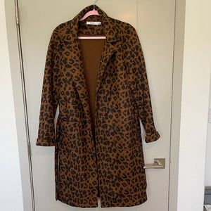 JustFab Brown and Black Trench Coat with Leopard Print